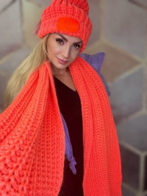 Komplet czapka + szal BASTET pomarańcz neonowy