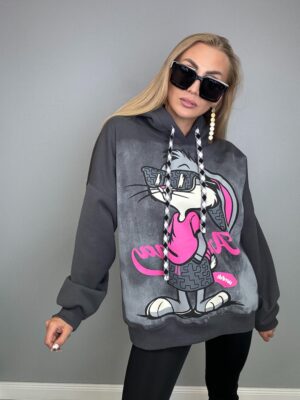 Piękna i Moda Bluza Wyluzowany Kicaj z kapturem Szara - obrazek 2