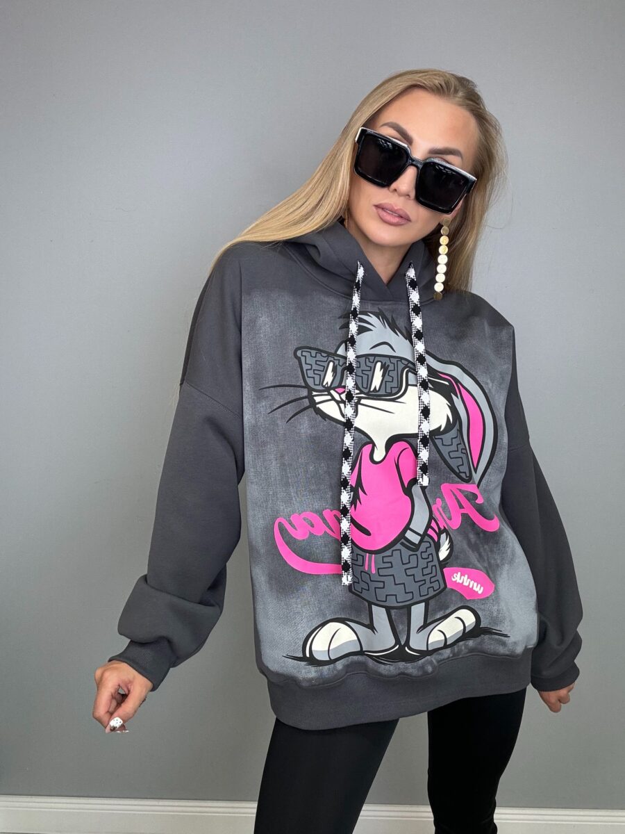 Piękna i Moda Bluza Wyluzowany Kicaj z kapturem Szara - obrazek 2