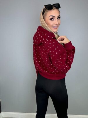 Bluza z ozdobnymi cyrkoniami z kapturem bordowa OSTATNIA SZT - obrazek 5
