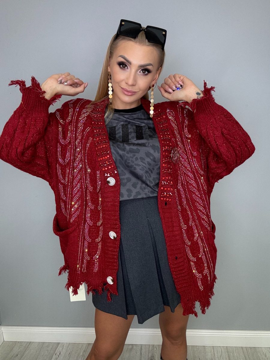 Piękna i Moda Bordowy kardigan ze zdobieniami 88 Bordowy kardigan ze zdobieniami *OSTATNIA SZTUKA* - obrazek 1