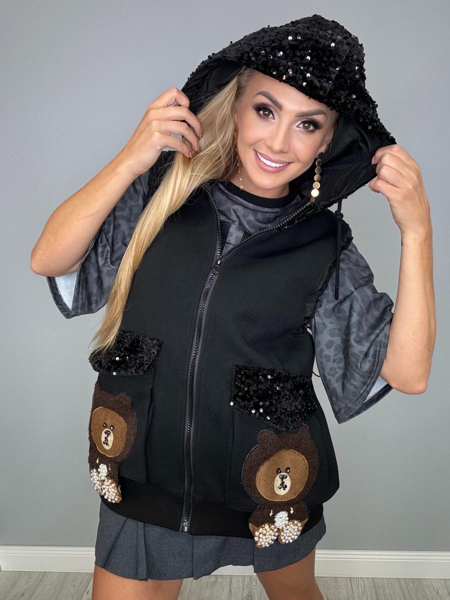 Kamizelka Cekinowy kaptur czarna z misiem z cyrkonii - obrazek 1