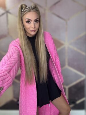 Kardigan długi z ozdobnym splotem róż - obrazek 2