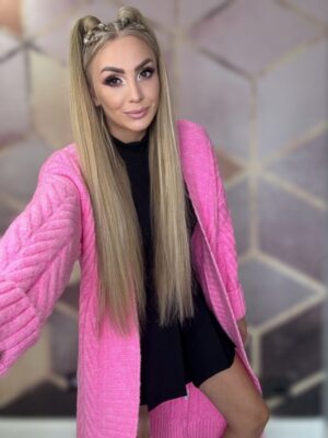 Kardigan długi z ozdobnym splotem róż - obrazek 4