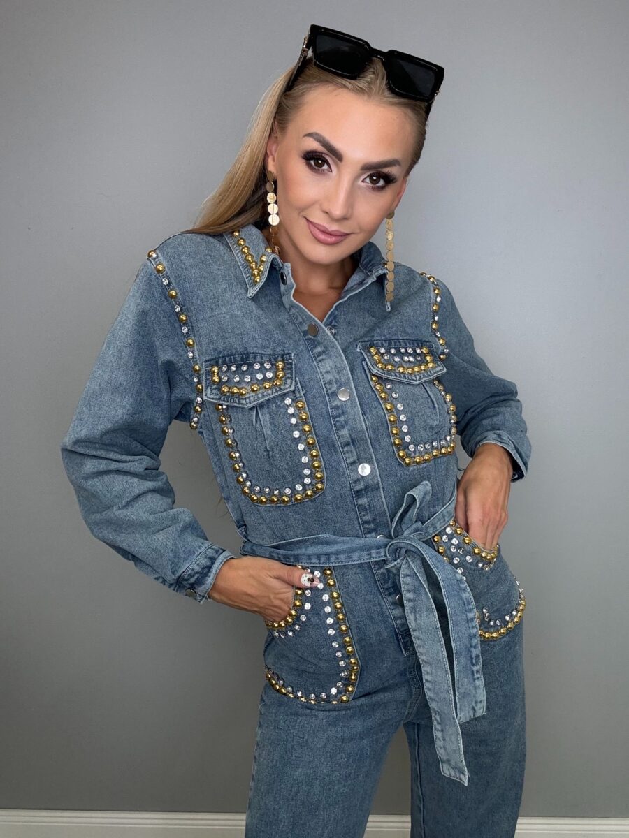 Kombinezon długi jeansowy z dżetami i ozdobami rozm S - obrazek 1