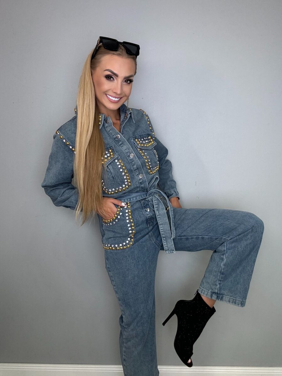 Kombinezon długi jeansowy z dżetami i ozdobami rozm S - obrazek 3