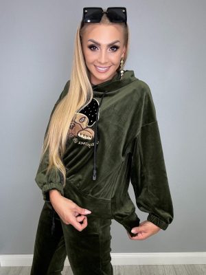 Komplet dresowy welurowy khaki z pieskiem - obrazek 4