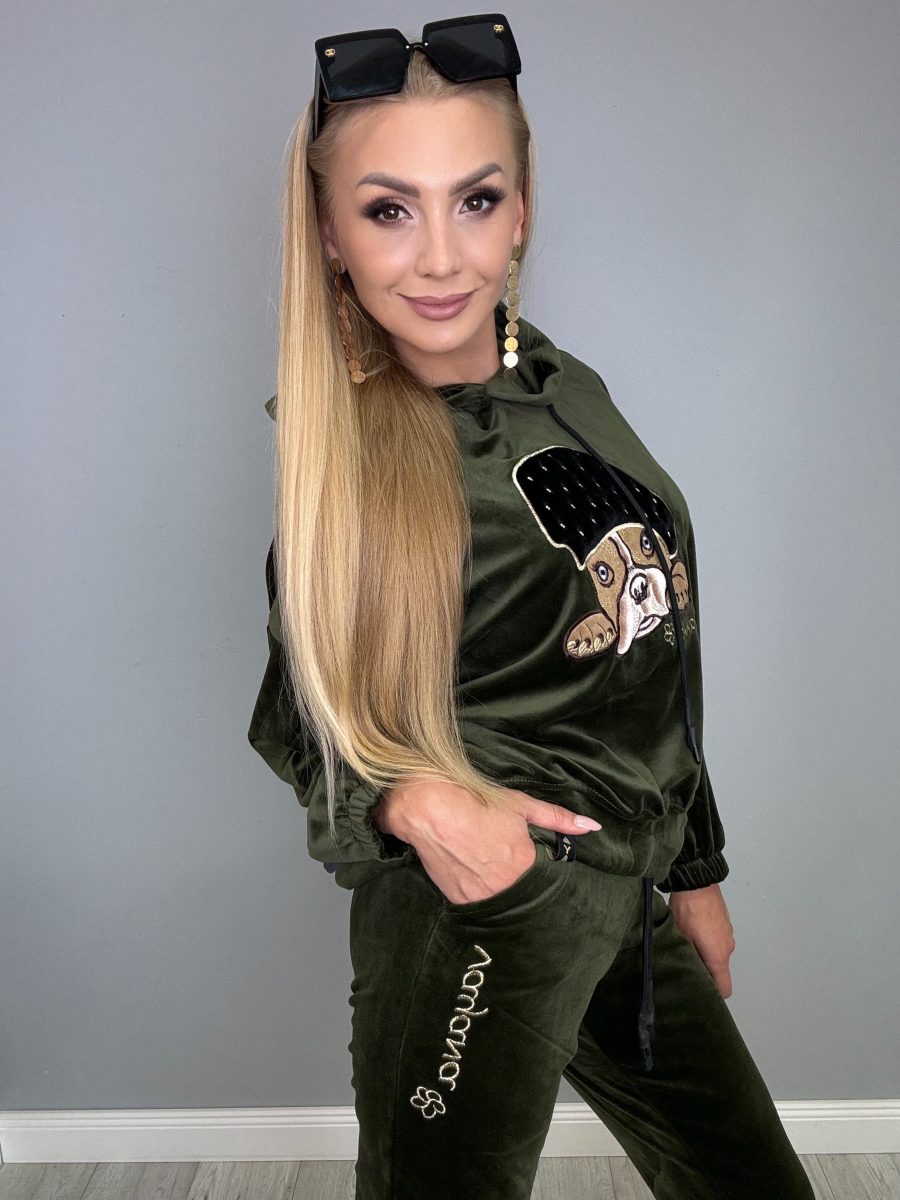 Komplet dresowy welurowy khaki z pieskiem - obrazek 3