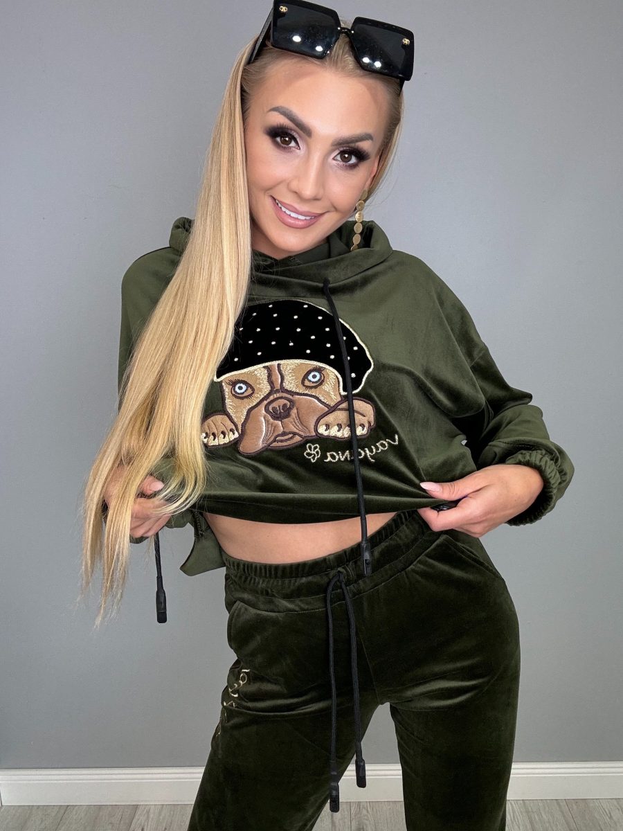 Komplet dresowy welurowy khaki z pieskiem - obrazek 5