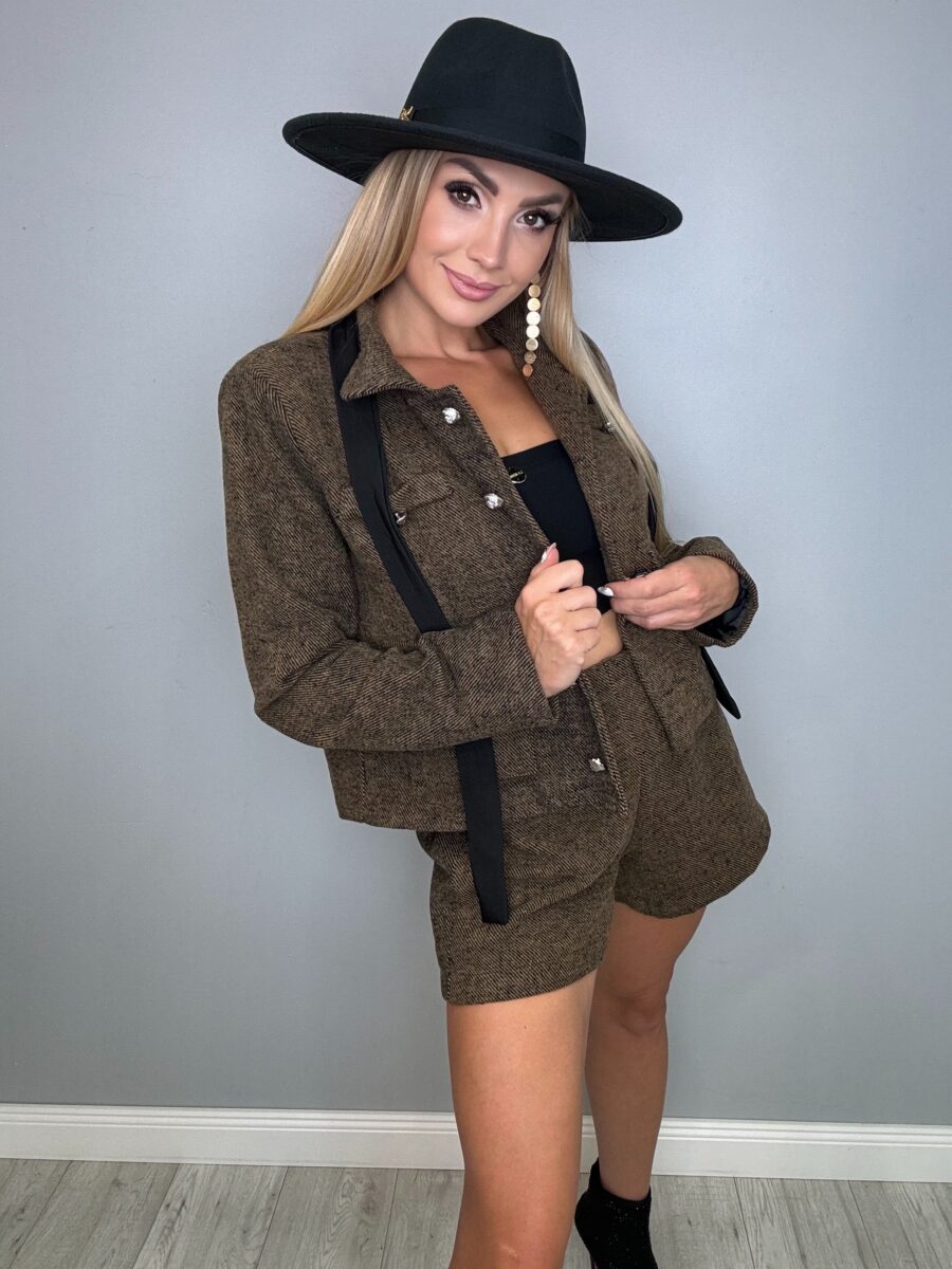 Komplet spodenki + marynarka brązowy w jodełkę - obrazek 1