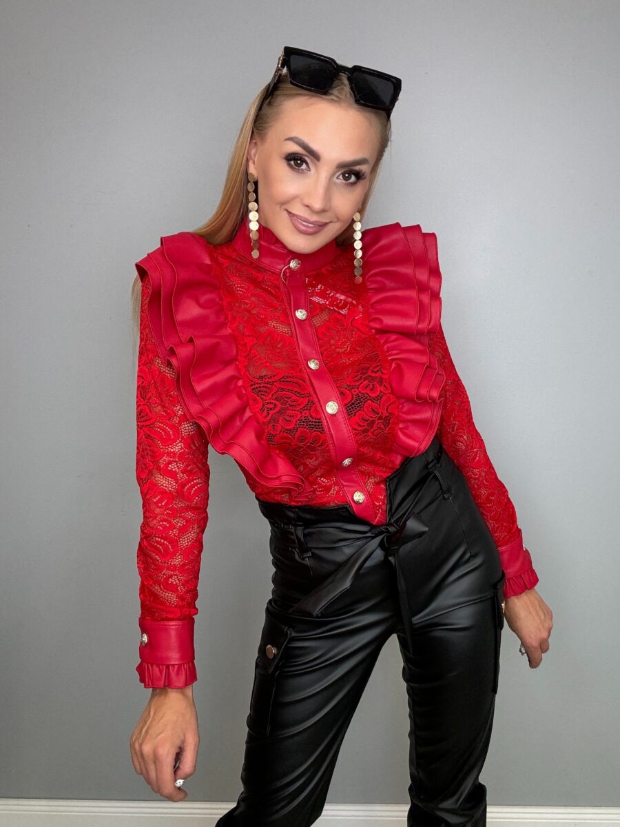 Koszula koronkowa z EKO skórą La Monne czerwona - obrazek 3