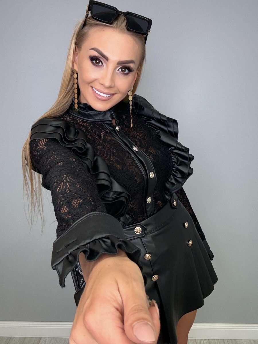 Koszula koronkowa z EKO skórą La Monne czarna - obrazek 2