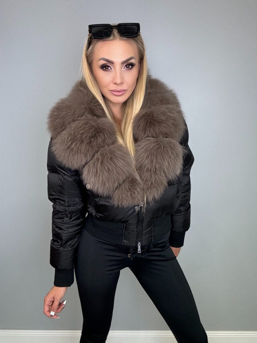 Kurtka ze ściągaczami czarna z bogatym obszyciem brązowym - obrazek 1