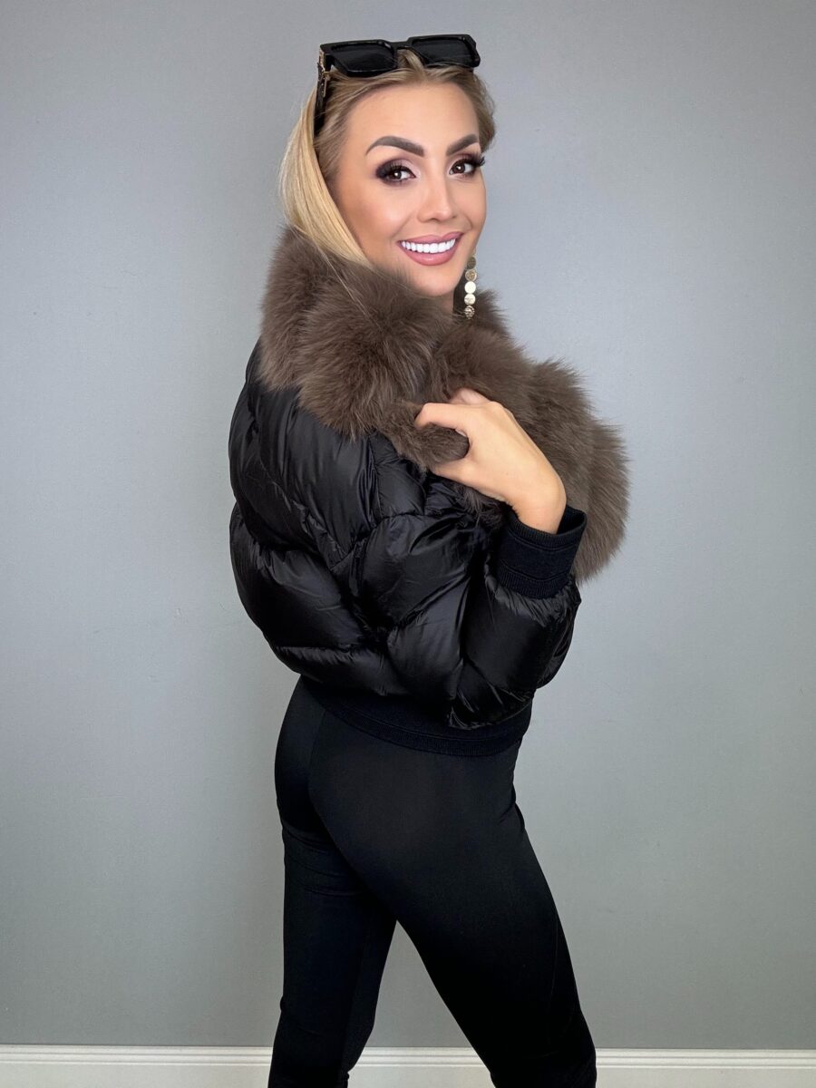 Kurtka ze ściągaczami czarna z bogatym obszyciem brązowym - obrazek 4