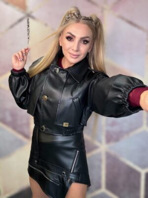 Kurtka ramoneska z eko skórki czarny La Monne - obrazek 2