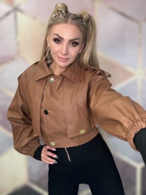 Kurtka ramoneska z eko skórki karmelowy La Monne - obrazek 2