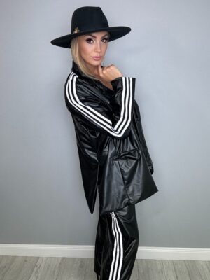 Stylowy komplet spodnie + marynarka z EKO skóry OVERSIZE z białymi paskami - obrazek 6