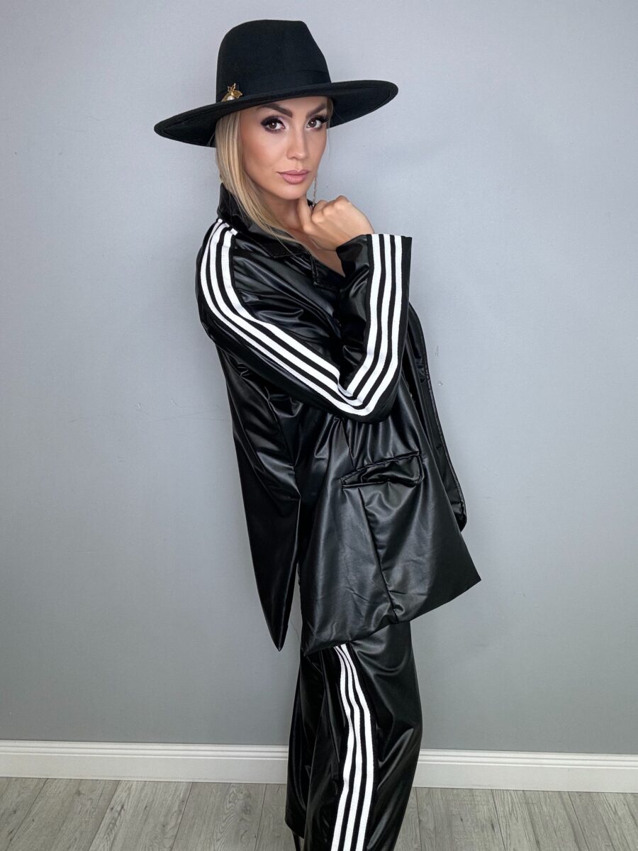 Stylowy komplet spodnie + marynarka z EKO skóry OVERSIZE z białymi paskami - obrazek 6