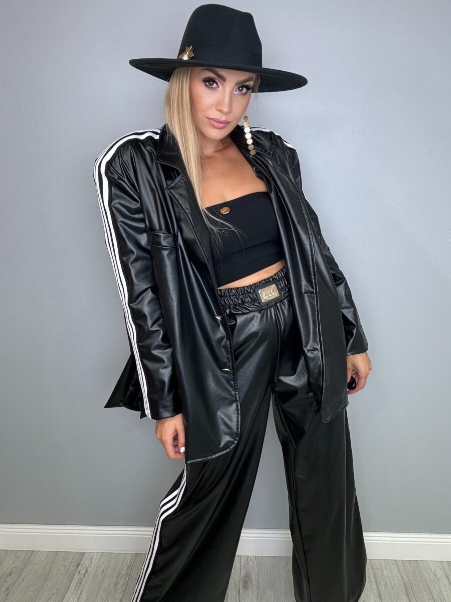 Piękna i Moda Stylowy komplet spodnie + marynarka z EKO skóry oversize z białymi paskami 6 Stylowy komplet spodnie + marynarka z EKO skóry OVERSIZE z białymi paskami - obrazek 1