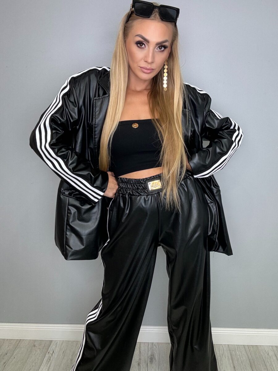 Stylowy komplet spodnie + marynarka z EKO skóry OVERSIZE z białymi paskami - obrazek 3