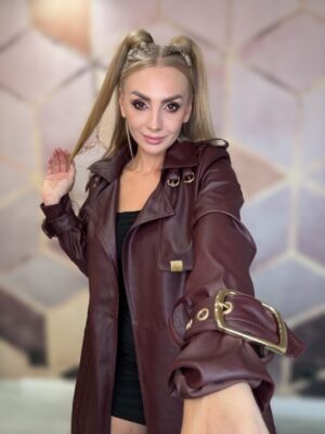 Damski płaszcz z EKO skóry czekolada - obrazek 4