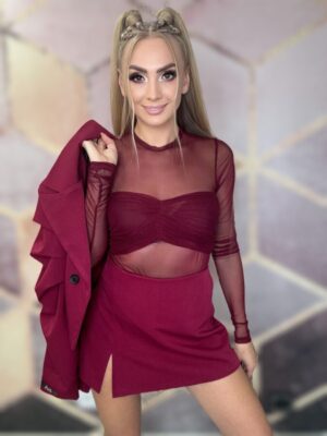 Bluzka Siatka bordo z marszczeniem na piersiach