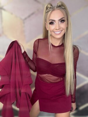 Bluzka Siatka bordo z marszczeniem na piersiach - obrazek 2