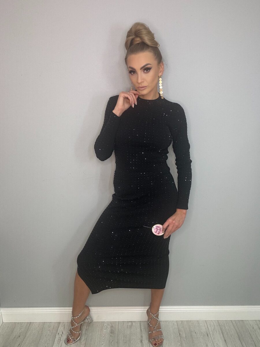 Czarny komplet prążek - spódnica z bluzka wysadzana czarnymi kamieniami - obrazek 2