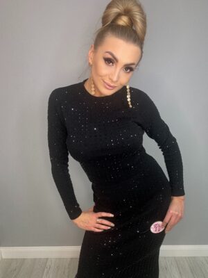 Czarny komplet prążek - spódnica z bluzka wysadzana czarnymi kamieniami - obrazek 4