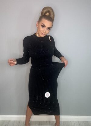 Czarny komplet prążek - spódnica z bluzka wysadzana czarnymi kamieniami - obrazek 7