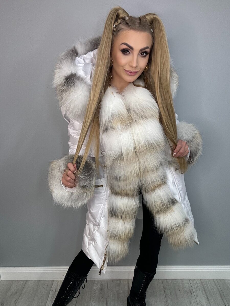 Ekskluzywna Kurtka - Parka Biała Premium z Futrem - obrazek 4
