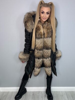 Ekskluzywna Kurtka - Parka Czarna Premium z Futrem