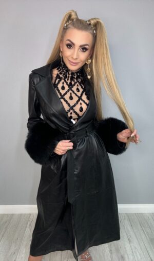 Luksusowy Płaszcz ze Skóry Cielęcej z Odpinanym czarnym Obszyciem z lisa - obrazek 5