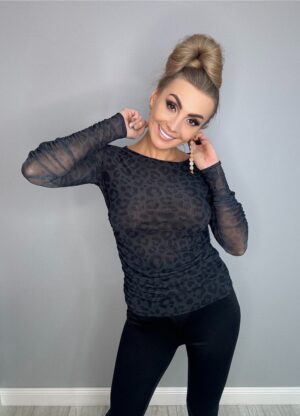 Siatka grafitowa w panterkę z marszczeniami na rękawach