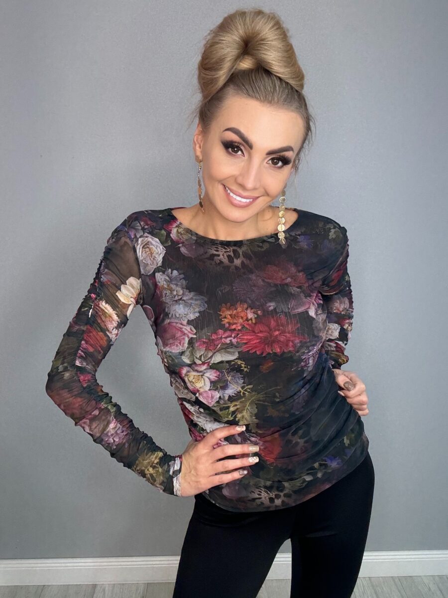 Siatka z motywem kwiatowym z marszczeniami na rękawach - obrazek 3