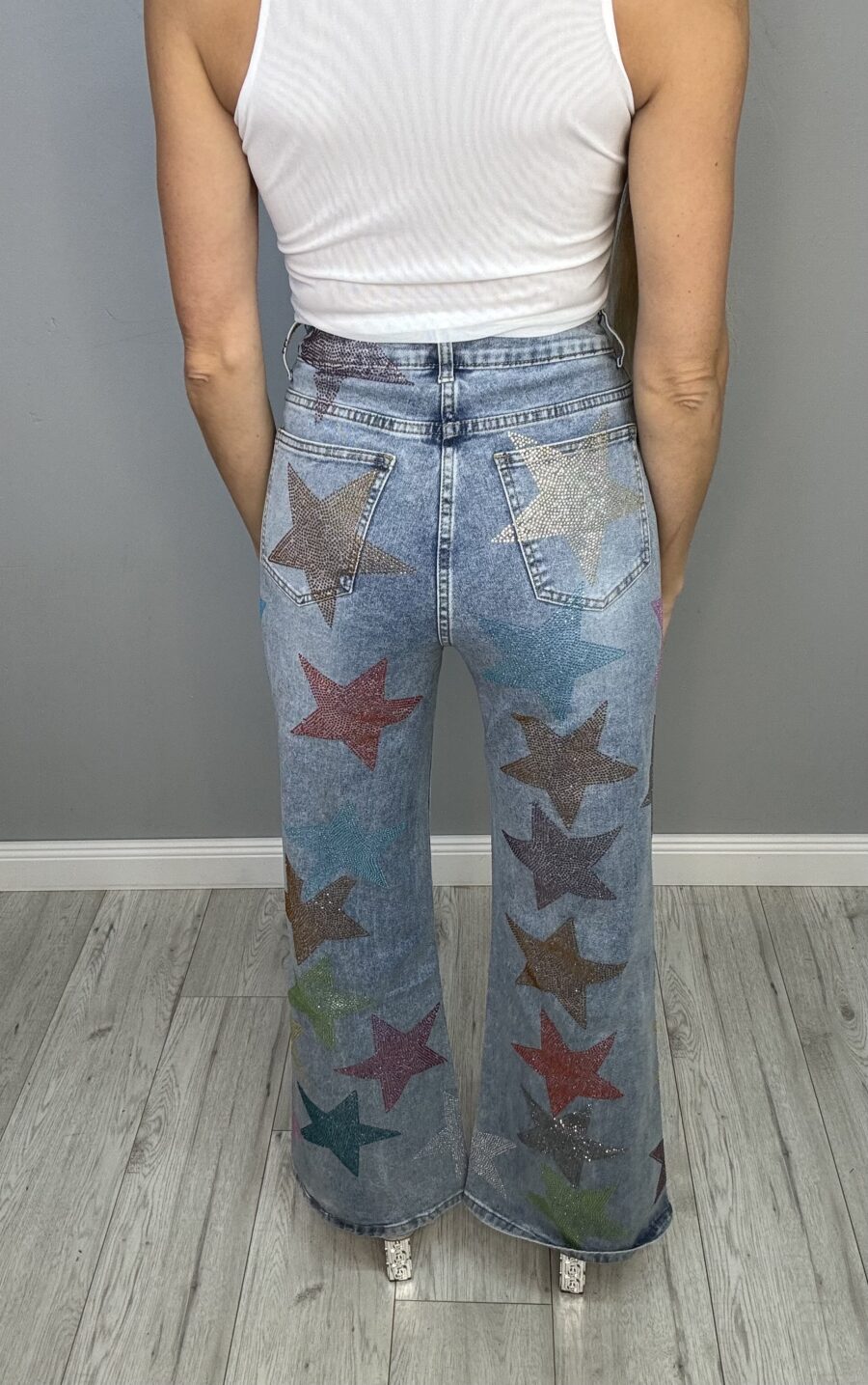 Spodnie Dzwony Ozdobne Cyrkoniowe Gwiazdki - obrazek 4