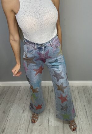 Spodnie Dzwony Ozdobne Cyrkoniowe Gwiazdki