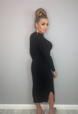 Czarny komplet prążek - spódnica z bluzka wysadzana czarnymi kamieniami - obrazek 10