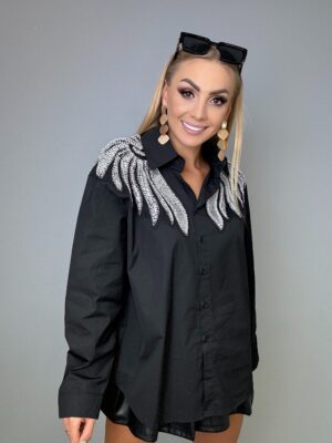 Czarna koszula z bogatymi srebrnymi zdobieniami - obrazek 5