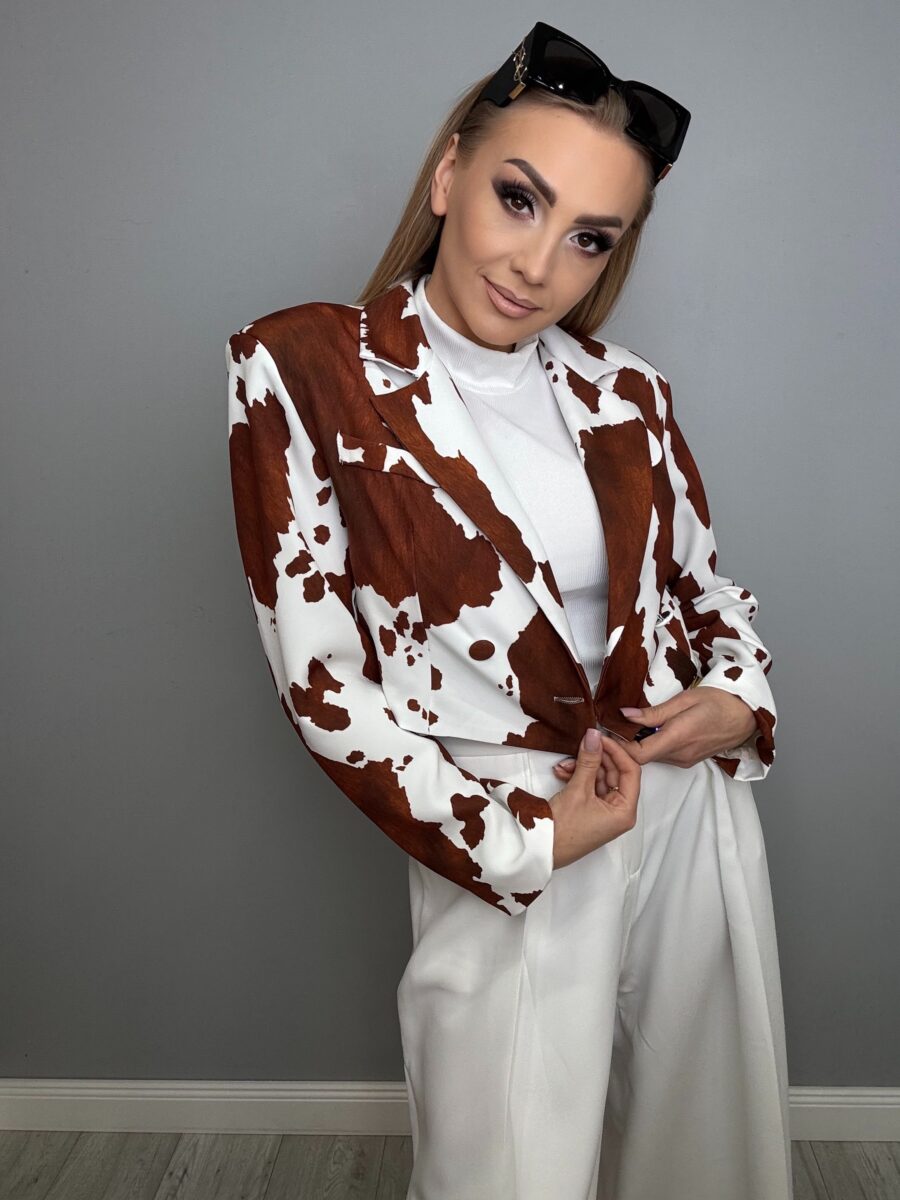 Krótka marynarka brązowy zwierzęcy print – krowa brązowo biała - obrazek 2