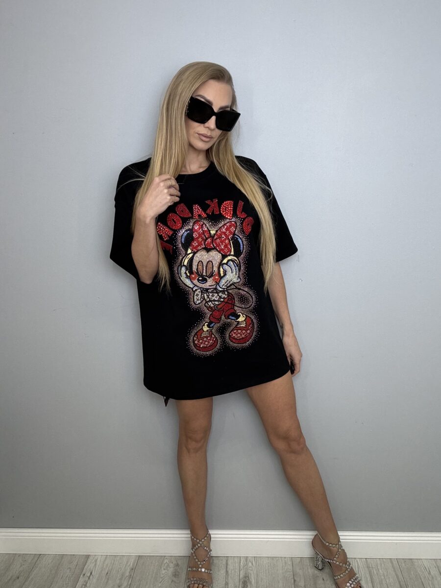 Czarna oversizowa koszulka z błyszczącym nadrukiem - obrazek 2