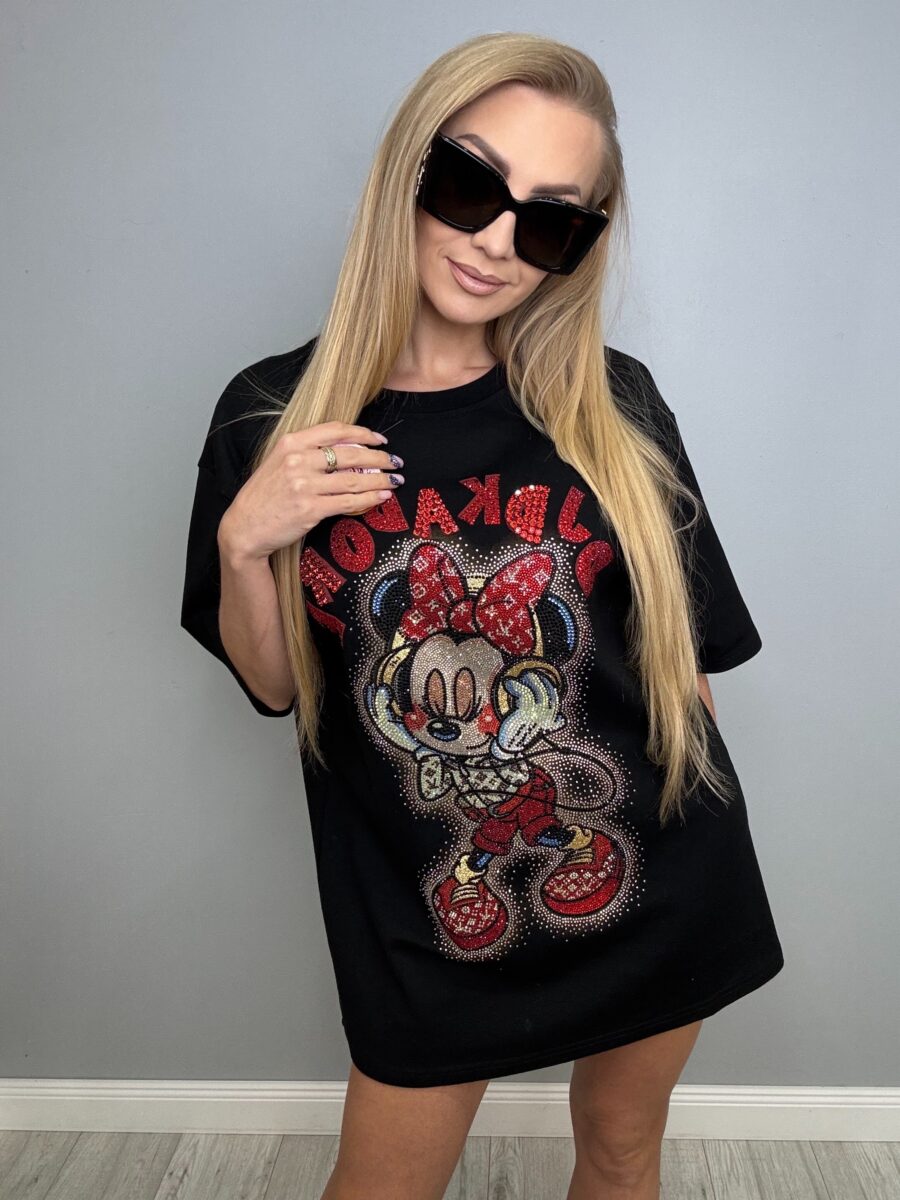 Czarna oversizowa koszulka z błyszczącym nadrukiem - obrazek 5