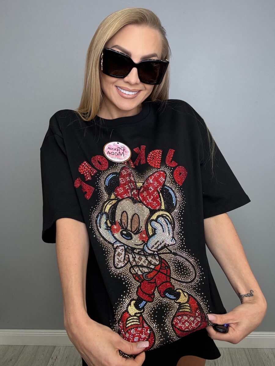 Czarna oversizowa koszulka z błyszczącym nadrukiem - obrazek 7