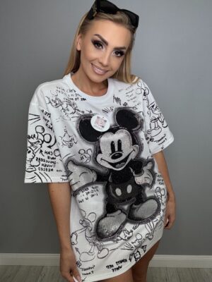 Biała oversizowa koszulka z błyszczącym nadrukiem i cyrkoniami - obrazek 4