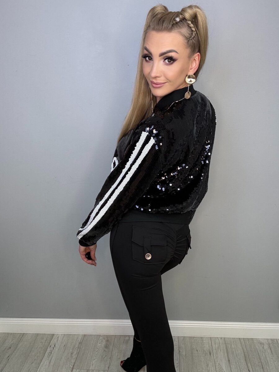 Wiosenna  Cekinowa Kurteczka Bejsbolówka Czarno-Biała - obrazek 3