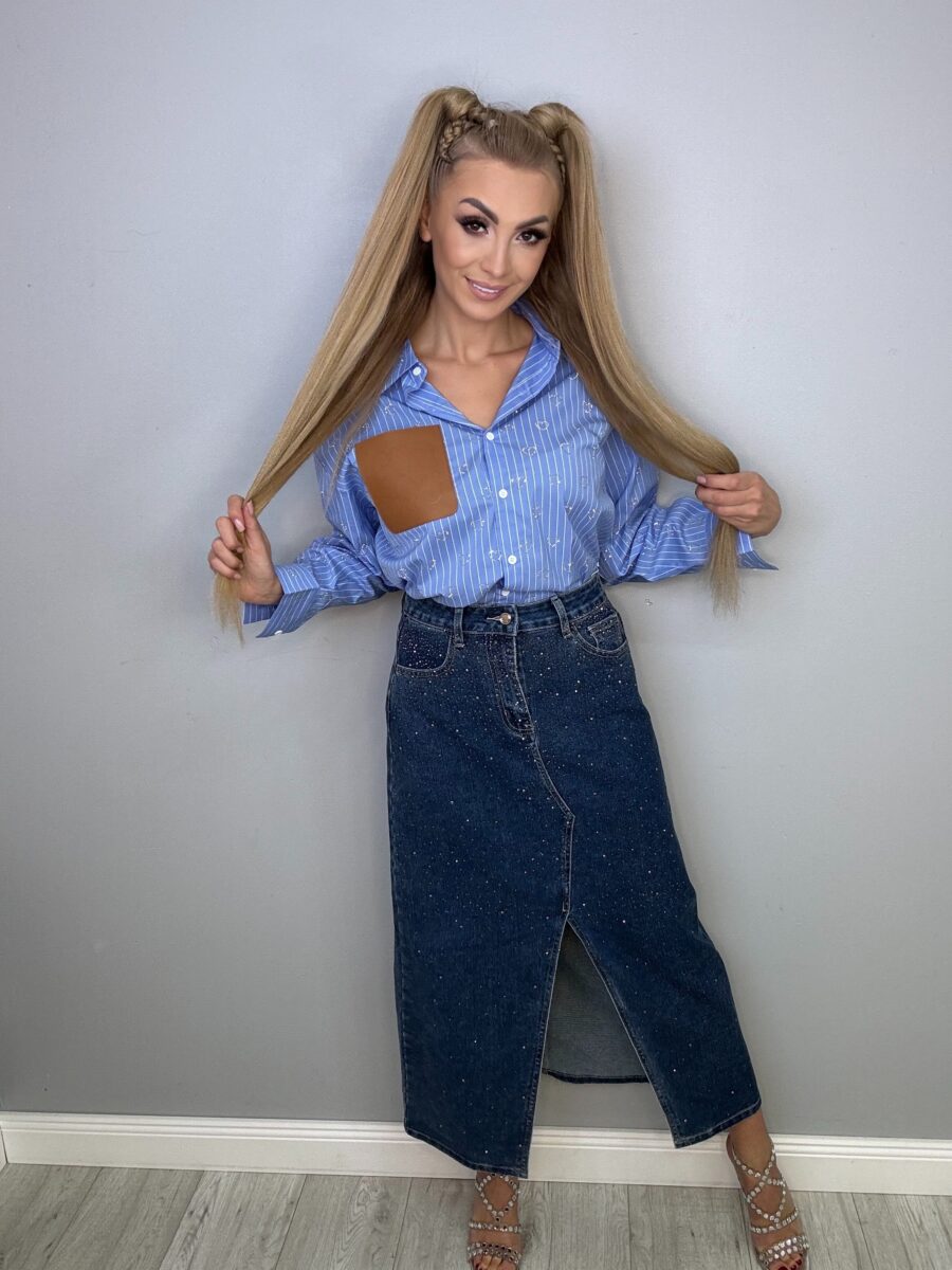 Jeansowa spódnica maxi z rozcięciem i zdobieniami - obrazek 17