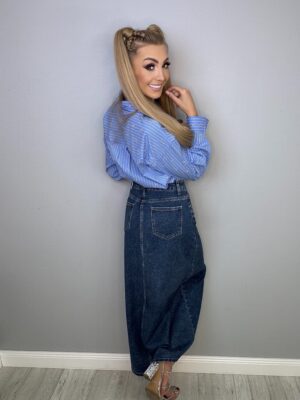 Jeansowa spódnica maxi z rozcięciem i zdobieniami - obrazek 15