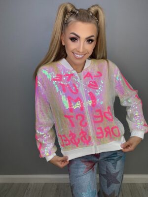 Wiosenna  Cekinowa Kurteczka Bejsbolówka Biało Różowa