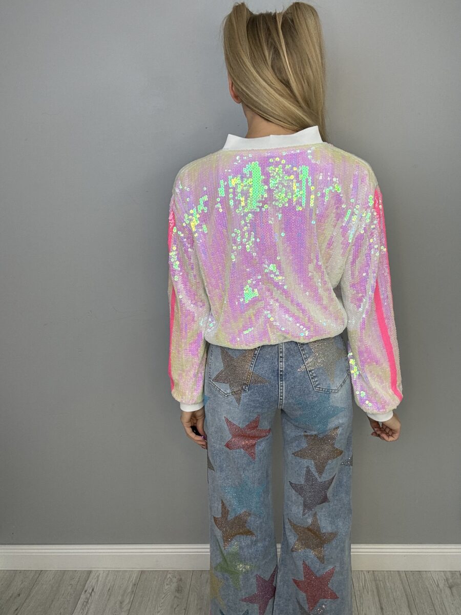 Wiosenna  Cekinowa Kurteczka Bejsbolówka Biało Różowa - obrazek 2