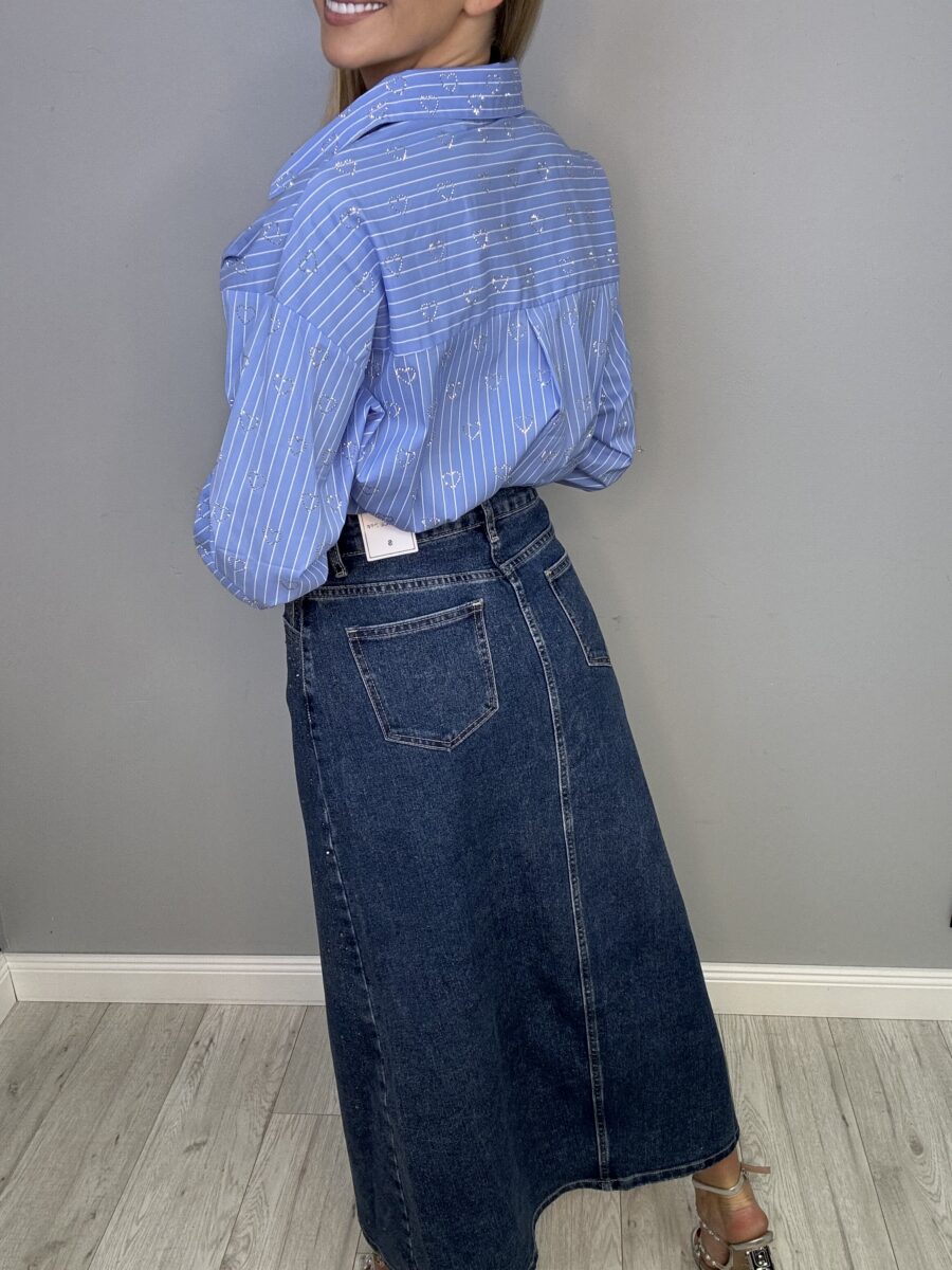 Jeansowa spódnica maxi z rozcięciem i zdobieniami - obrazek 21